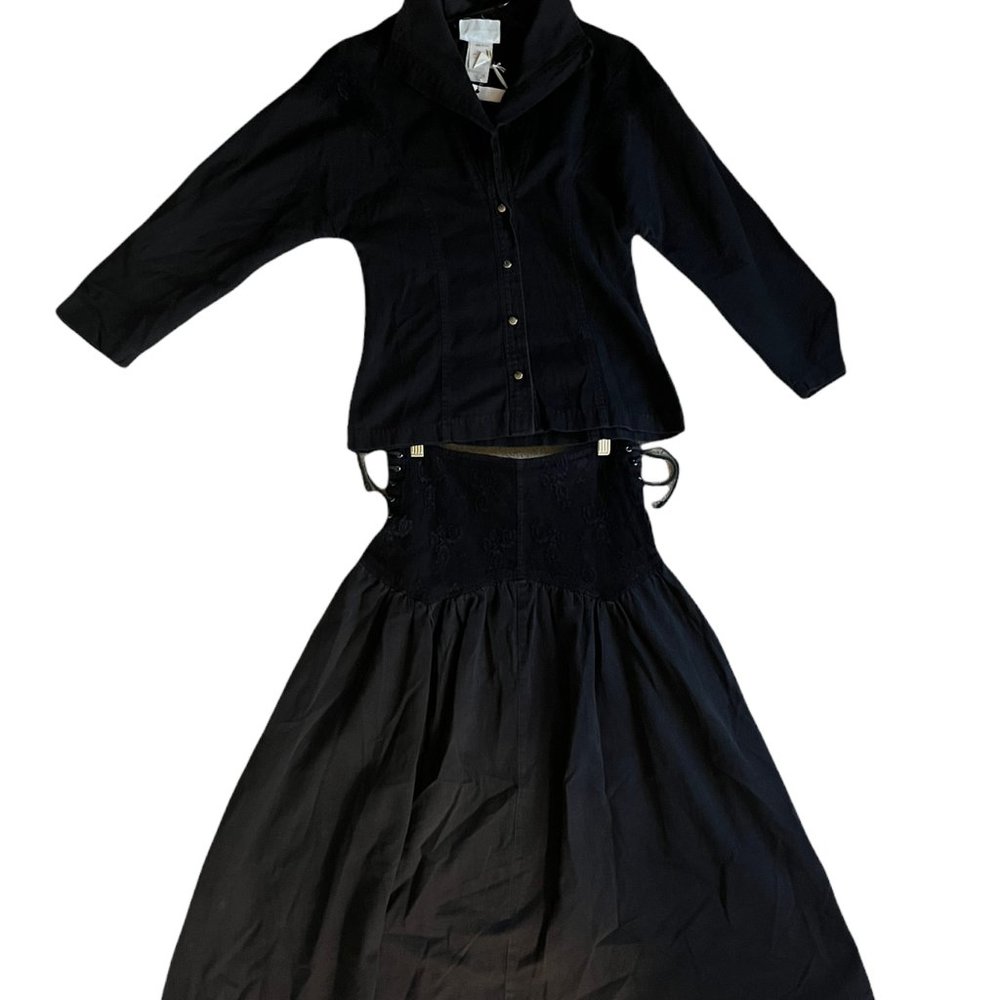 80s black denim skirt and jacket set with lace details